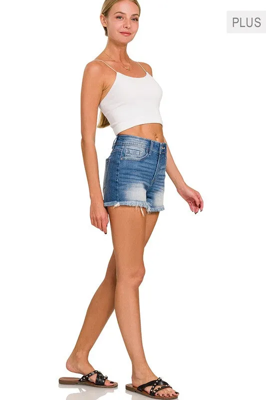 Plus Mid Rise Raw Frayed Hem Denim Shorts