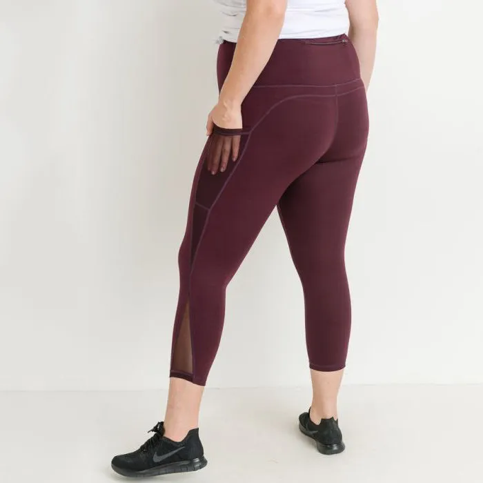 Plus Size Burgundy High Waist Splice Mesh Pocket Leggings