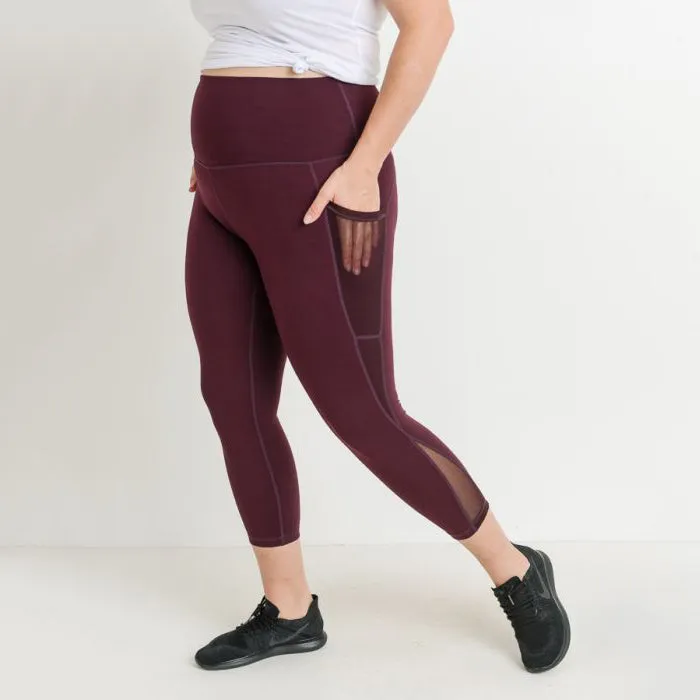 Plus Size Burgundy High Waist Splice Mesh Pocket Leggings