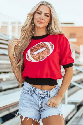 Red Sequin Rugby Color Block Puff Short Sleeve Sweater