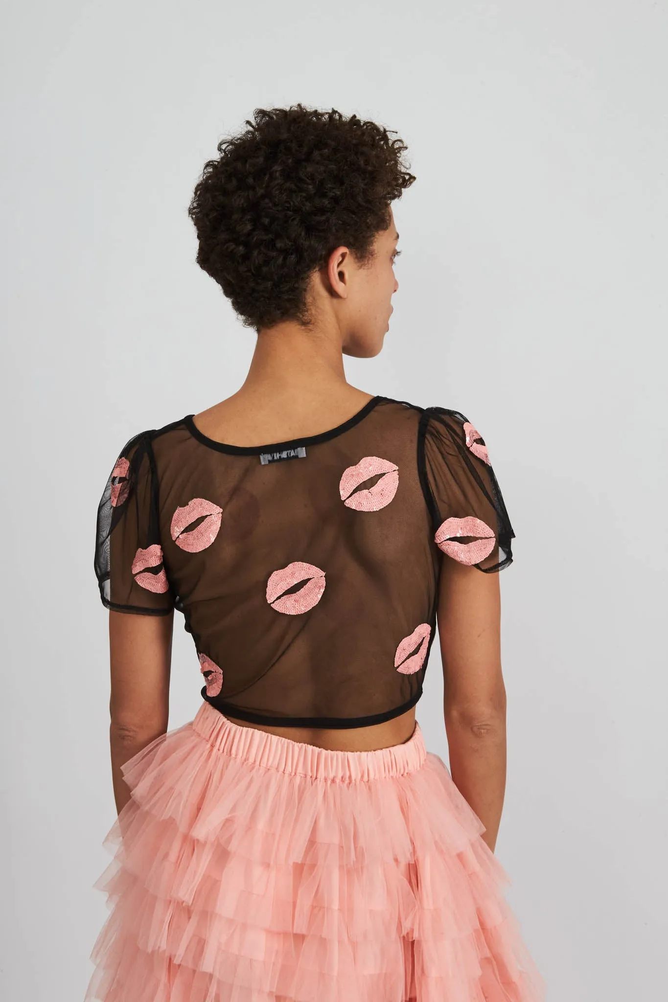 Short Sleeve Dirndl Top in Black Tulle