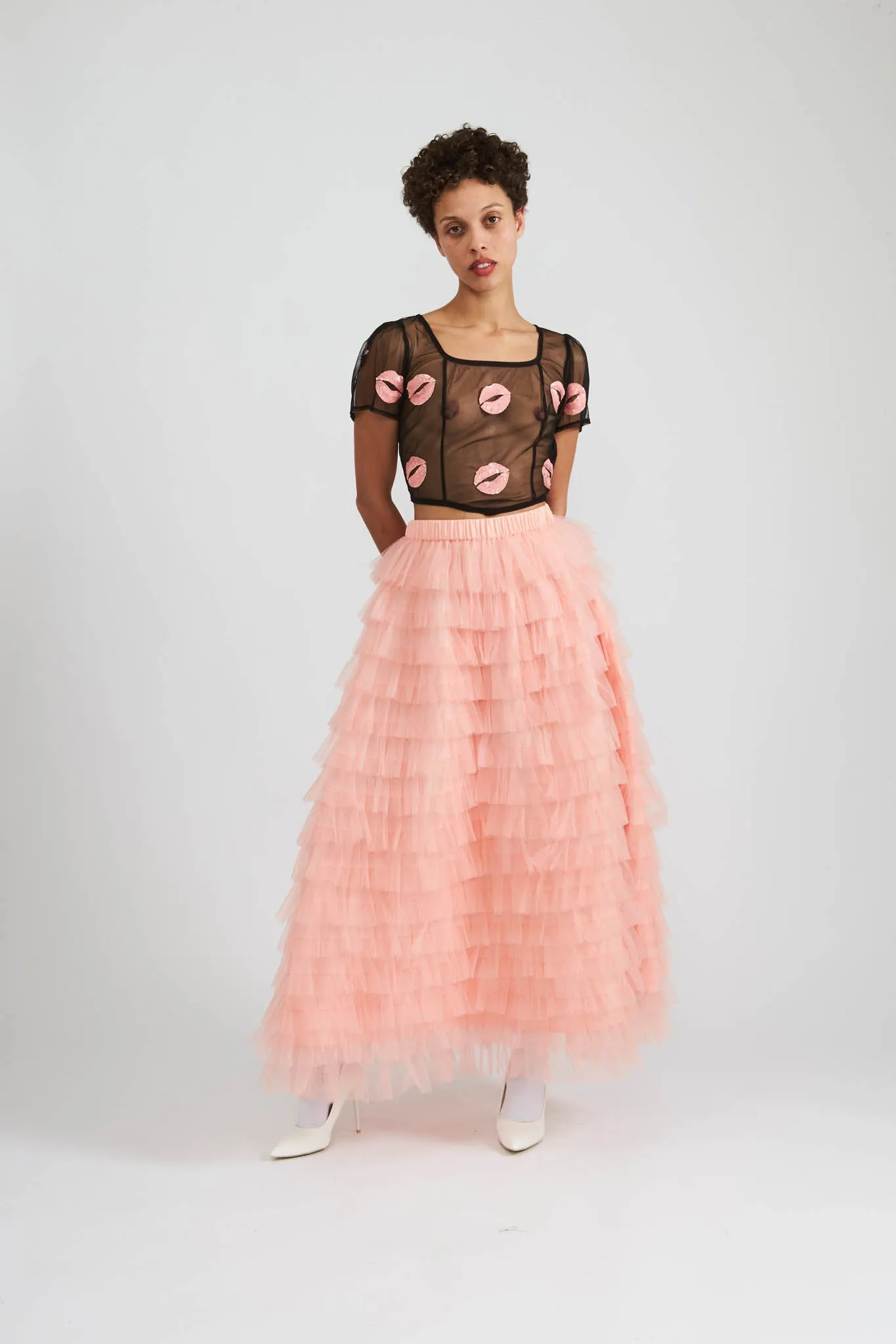 Short Sleeve Dirndl Top in Black Tulle