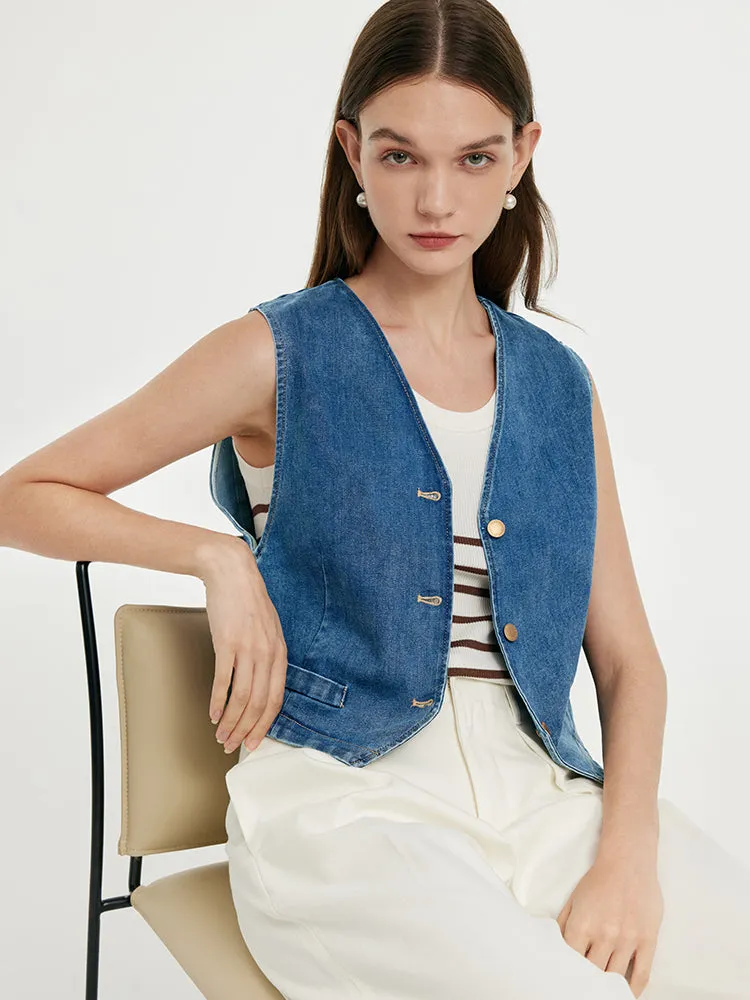 Single-Breasted Women Denim Crop Vest