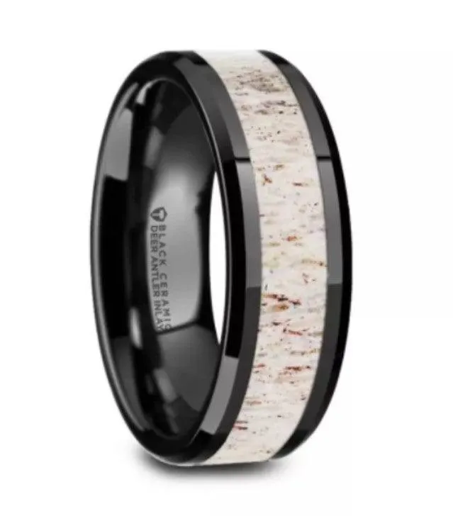 STAG Black Ceramic Beveled Men's Wedding Band with Off-White Antler Inlay - 8mm