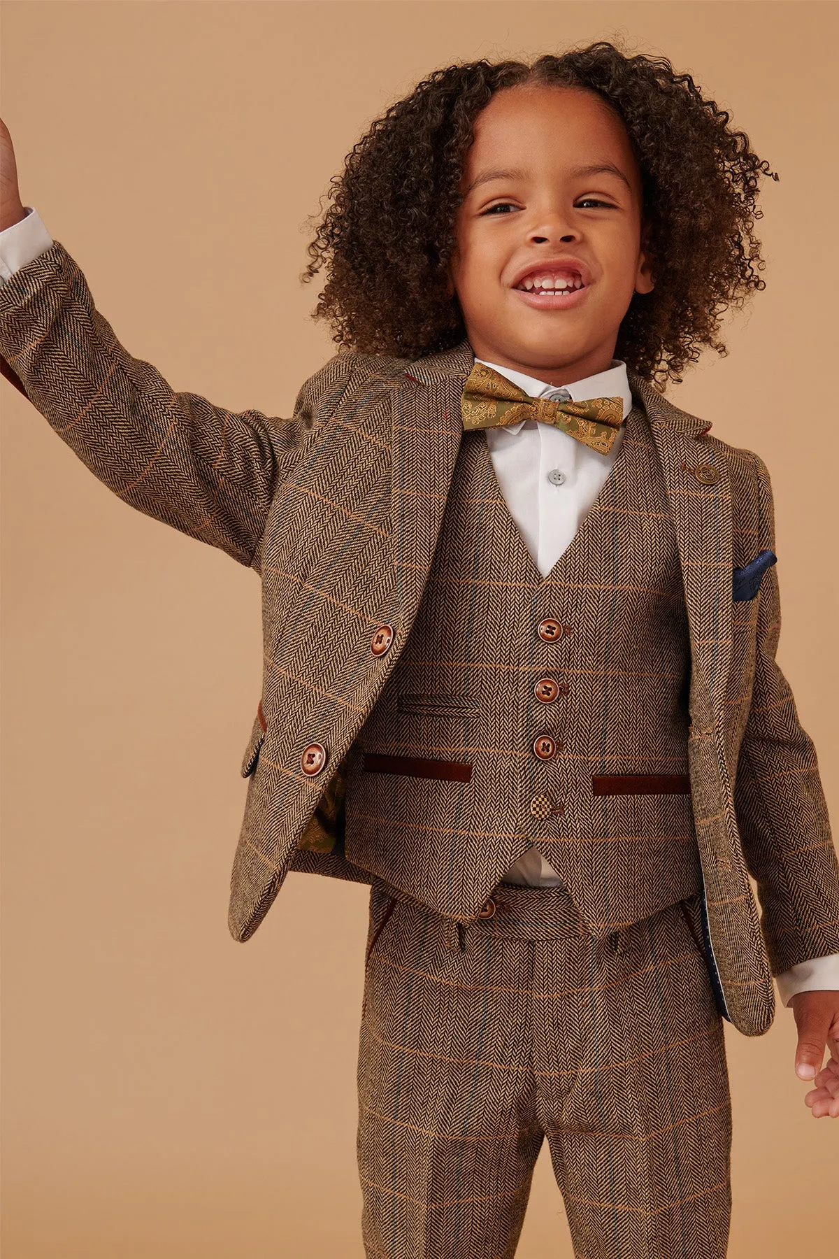 TED - Childrens Tan Tweed Check Three Piece Suit