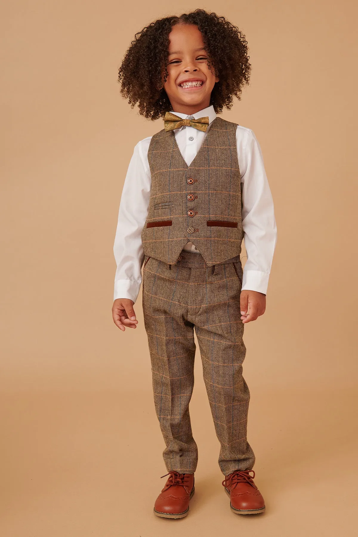 TED - Childrens Tan Tweed Check Three Piece Suit