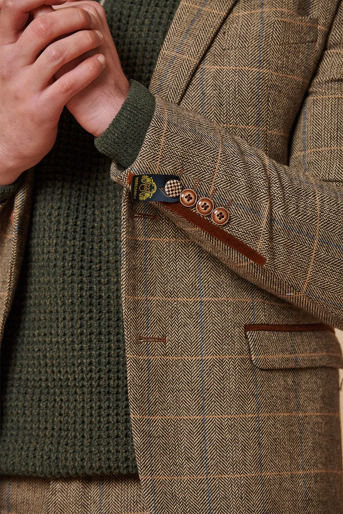 TED - Tan Tweed Check Three Piece Suit with Double Breasted Waistcoat