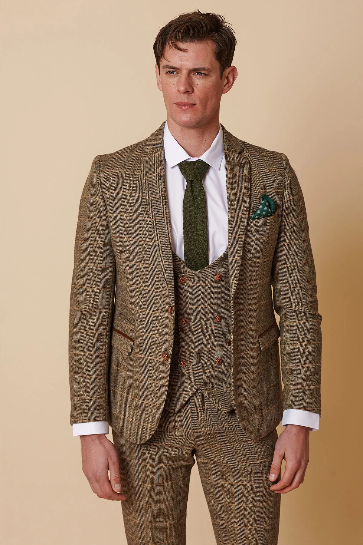 TED - Tan Tweed Check Three Piece Suit with Double Breasted Waistcoat