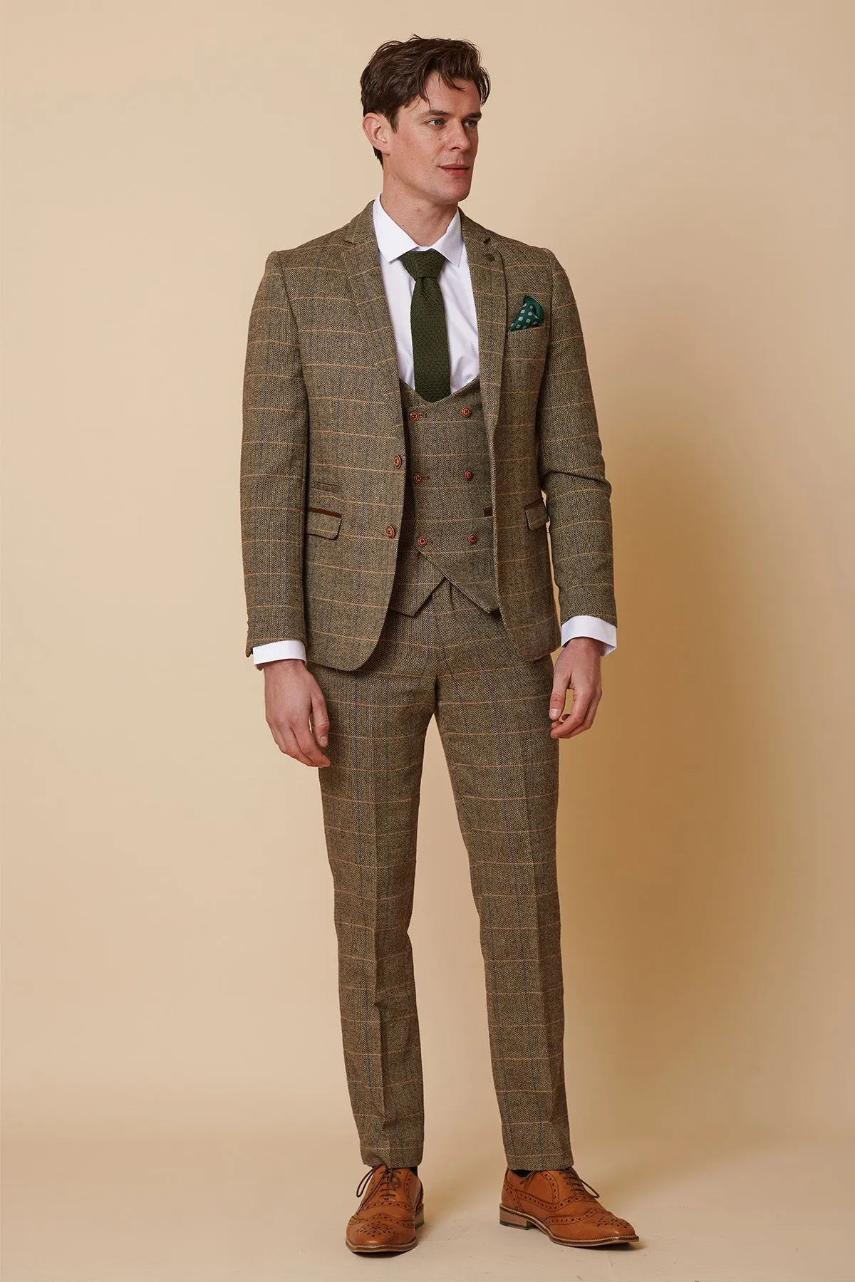 TED - Tan Tweed Check Three Piece Suit with Double Breasted Waistcoat