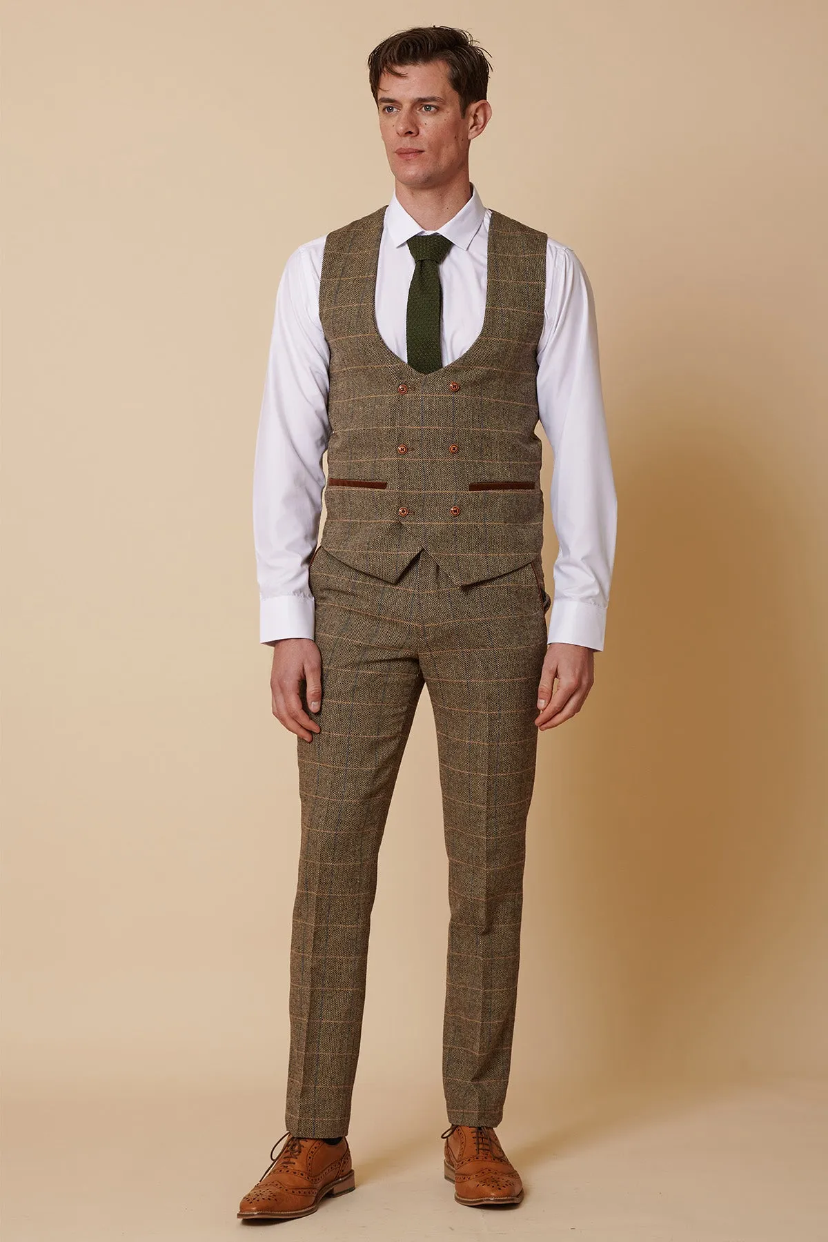 TED - Tan Tweed Check Three Piece Suit with Double Breasted Waistcoat