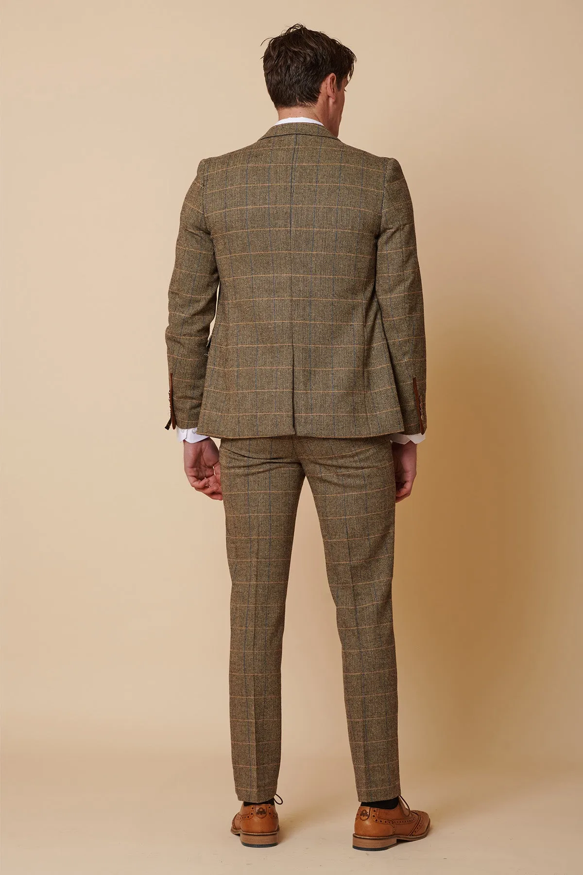 TED - Tan Tweed Check Three Piece Suit with Double Breasted Waistcoat