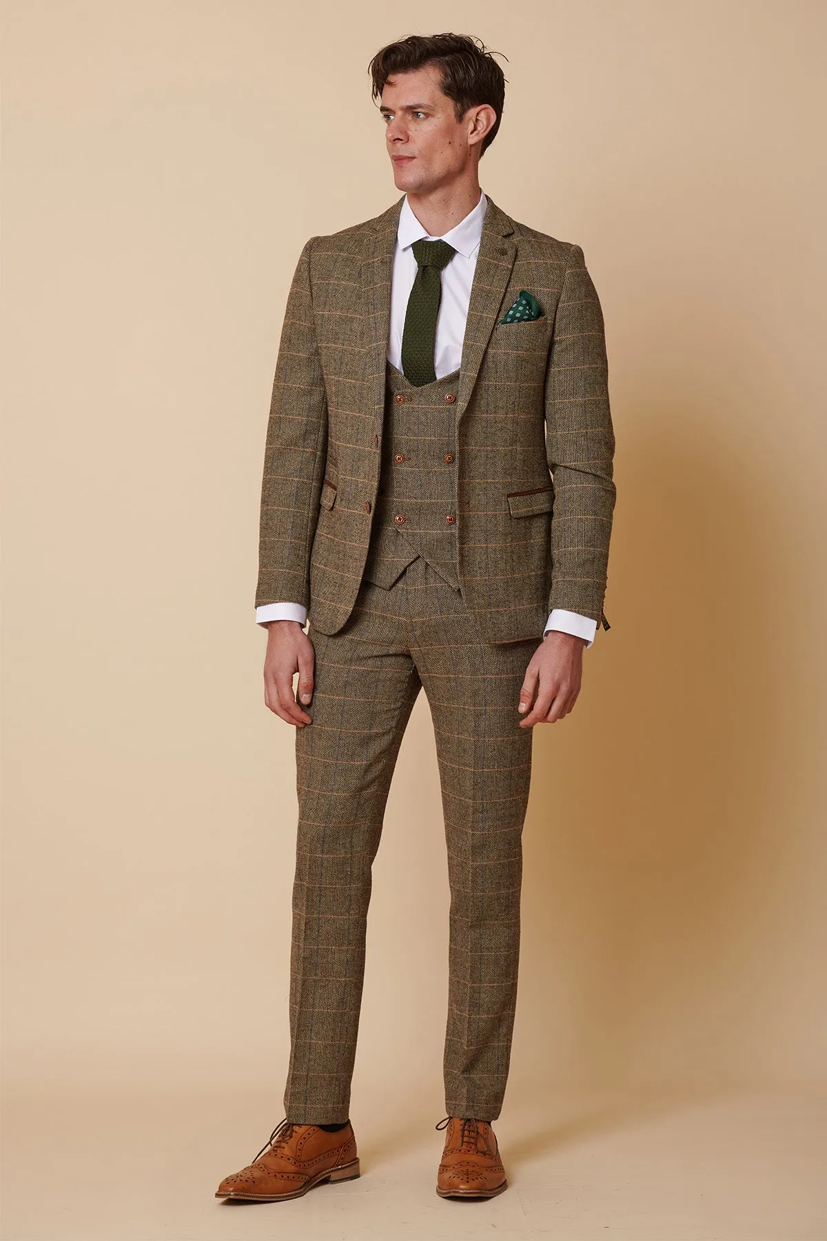 TED - Tan Tweed Check Three Piece Suit with Double Breasted Waistcoat