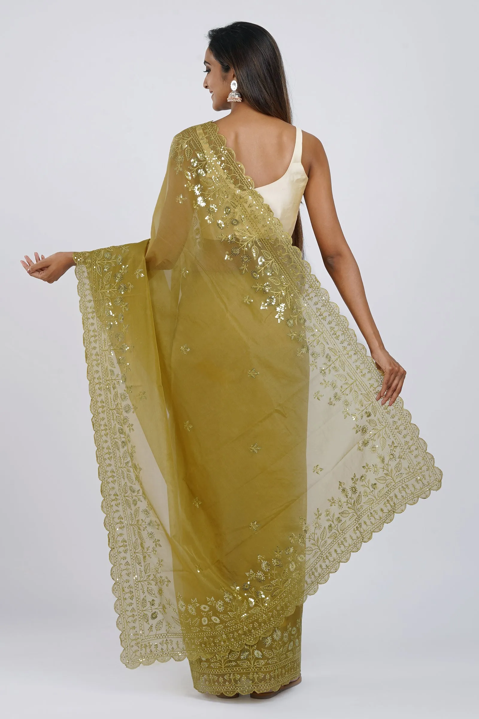 Teejh Adyti Olive Green Sequin Embroidery Organza Saree