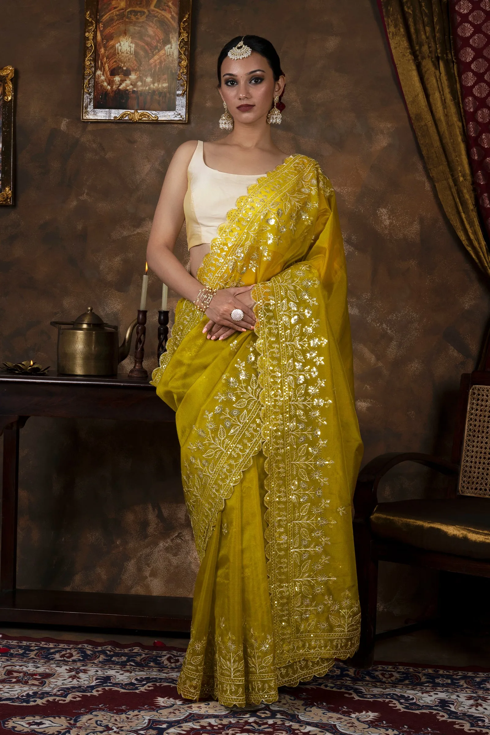 Teejh Adyti Olive Green Sequin Embroidery Organza Saree