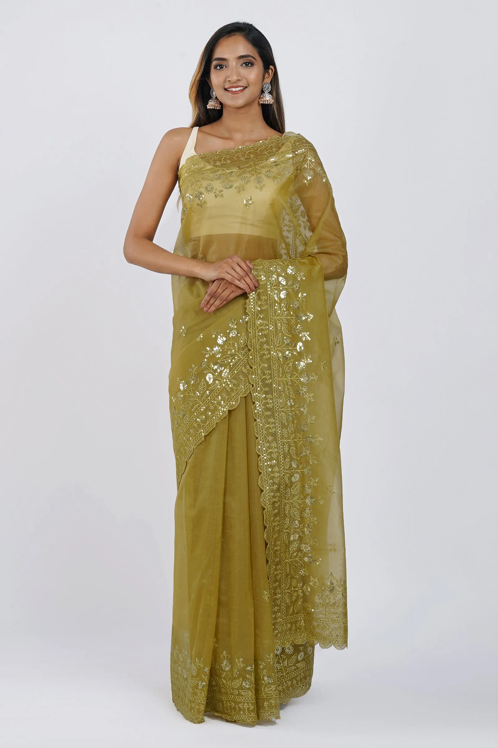 Teejh Adyti Olive Green Sequin Embroidery Organza Saree