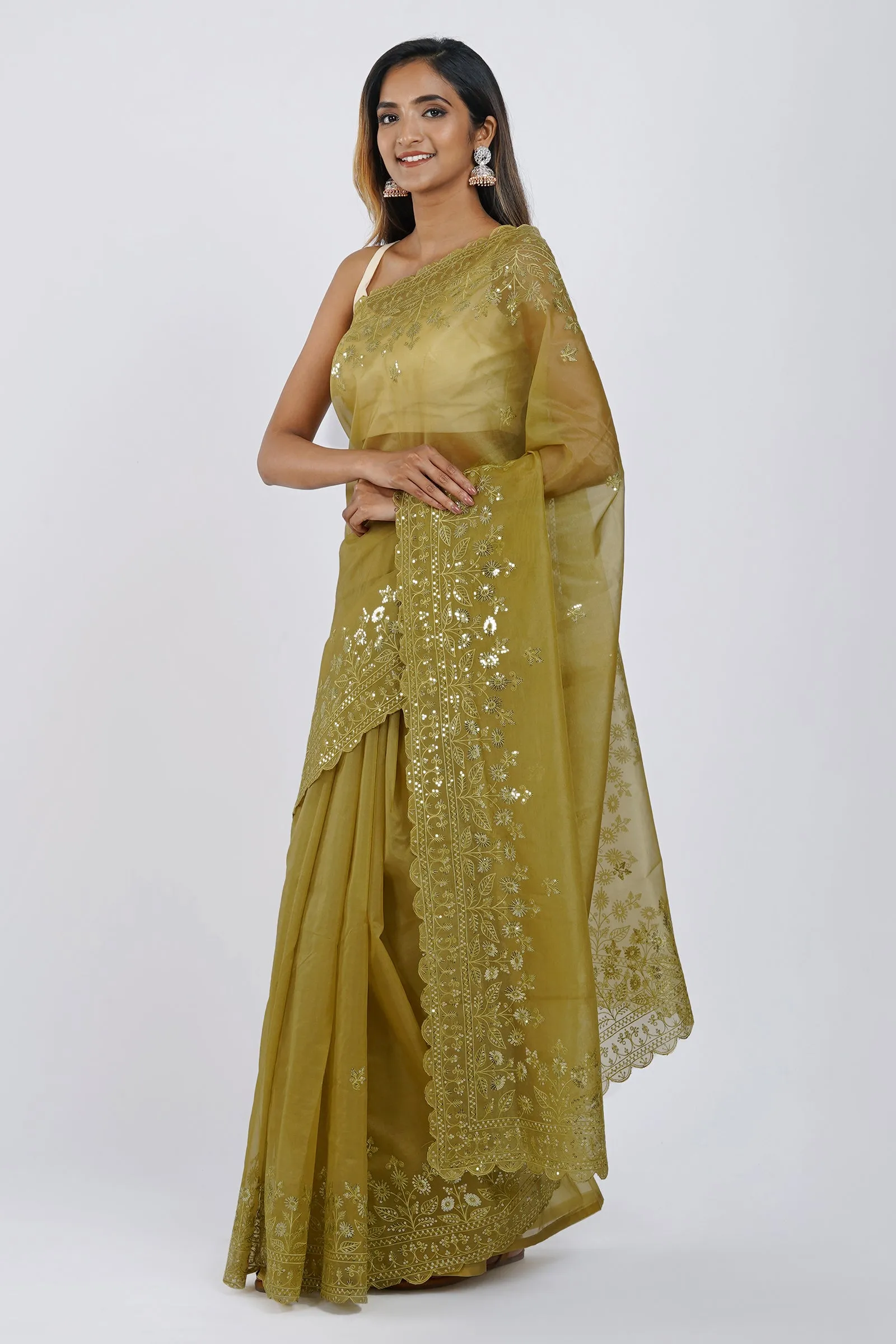 Teejh Adyti Olive Green Sequin Embroidery Organza Saree