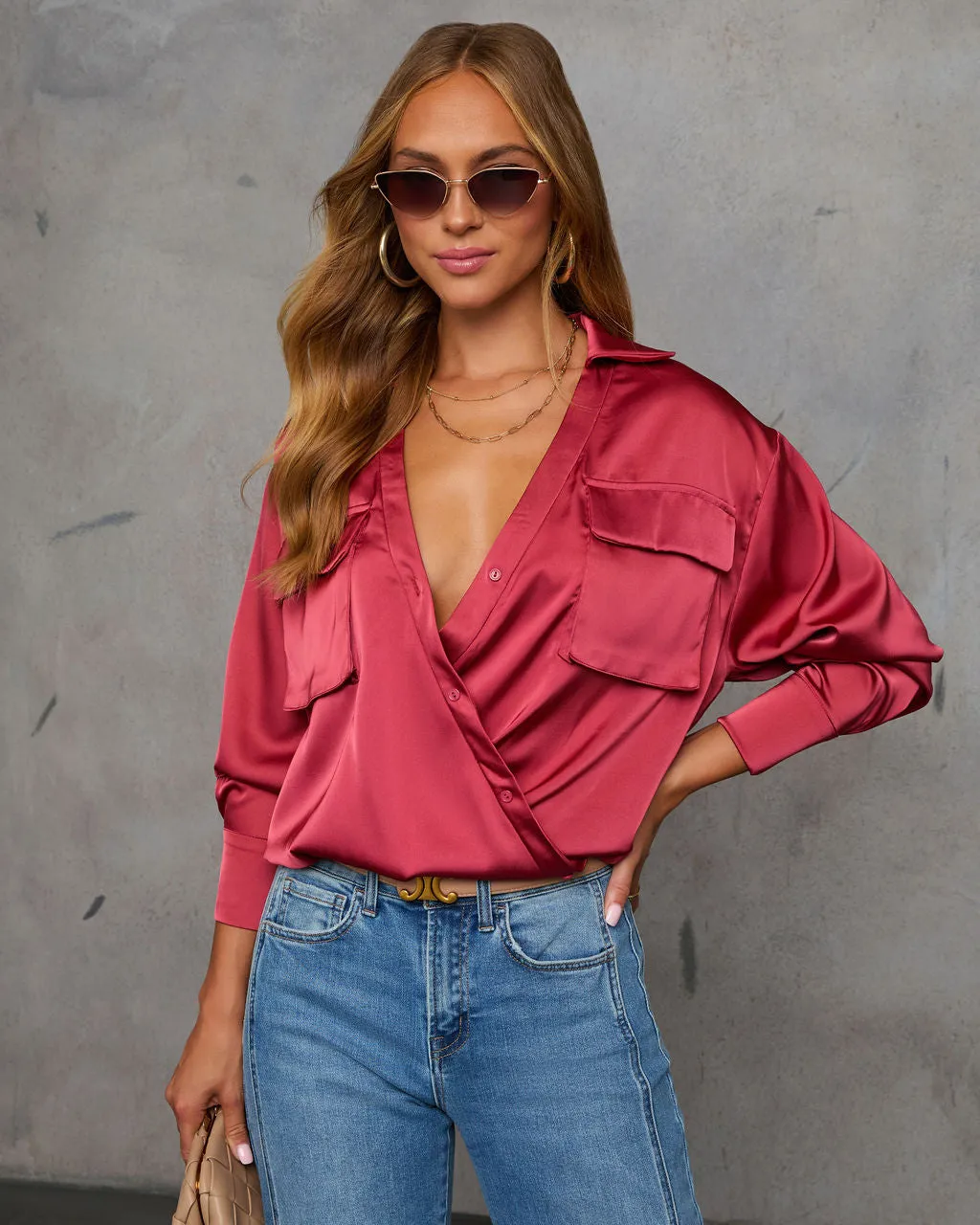 Veda Asymmetric Button Satin Top