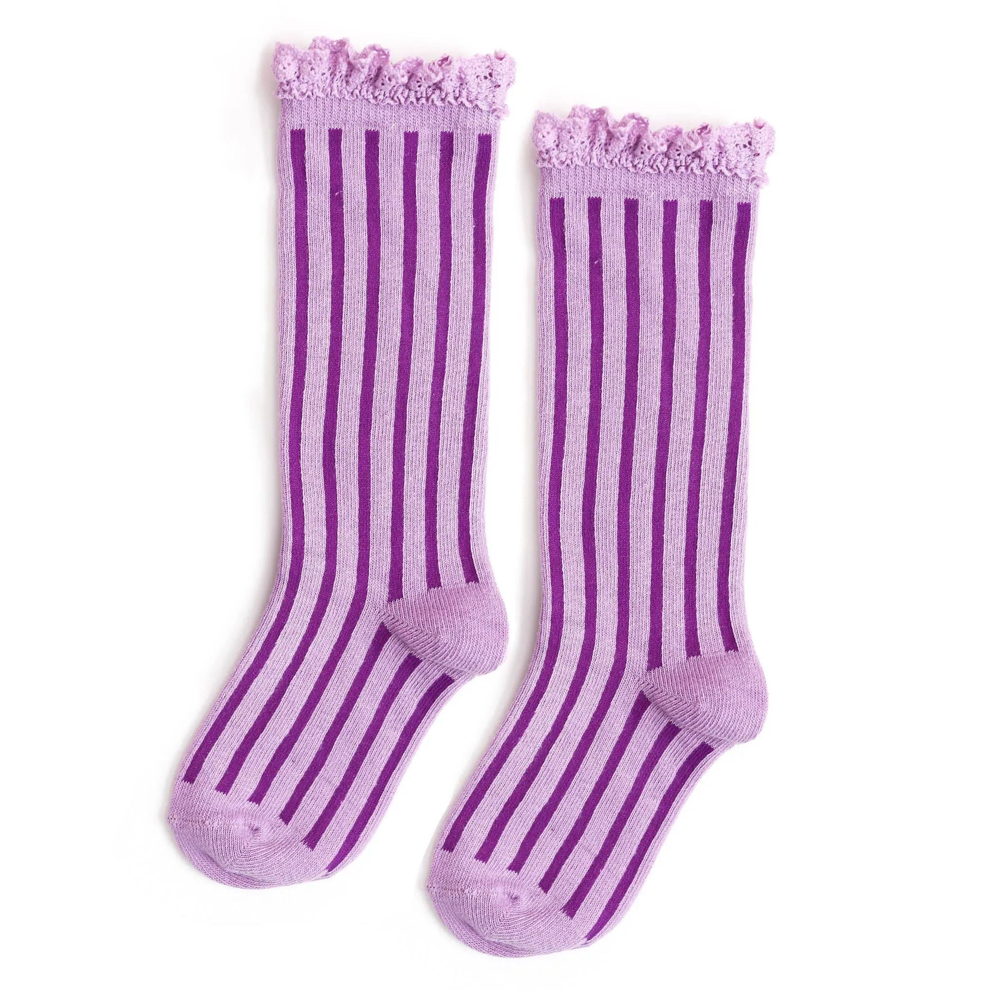 Vertical Striped Lace Top Knee High Socks - Wisteria Purple