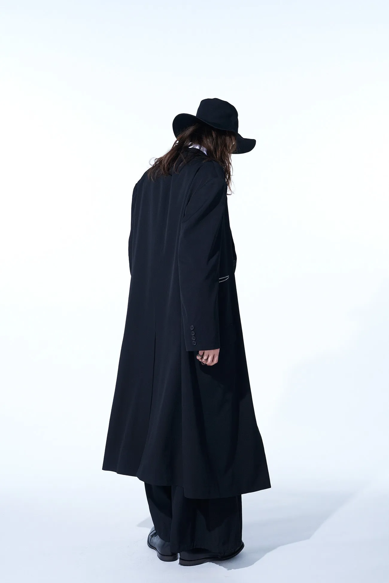 WASHER FINISHED WOOL GABARDINE OVERSIZED LONG JACKET WITH ZIPPER POCKETS