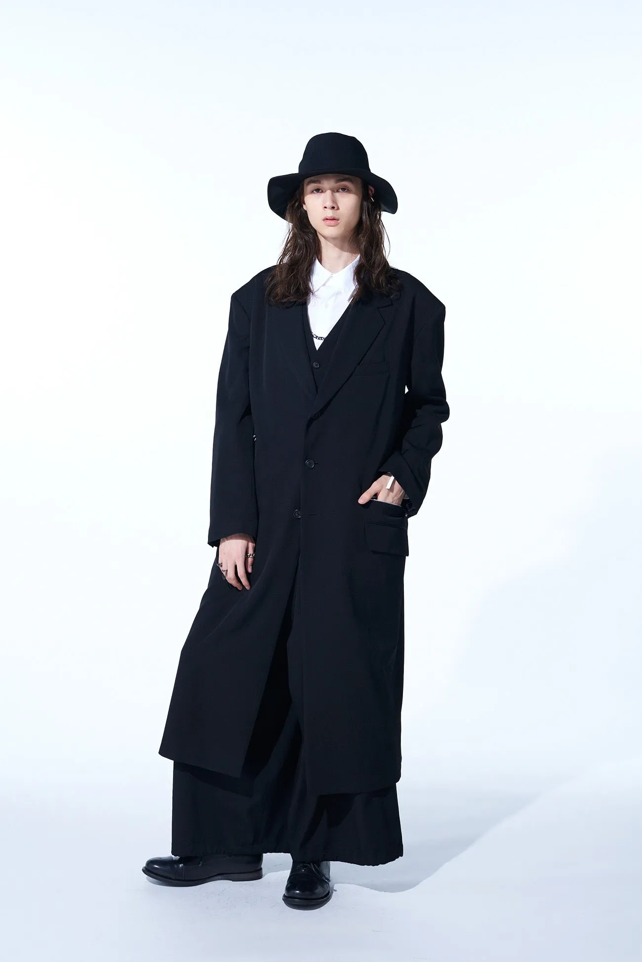 WASHER FINISHED WOOL GABARDINE OVERSIZED LONG JACKET WITH ZIPPER POCKETS