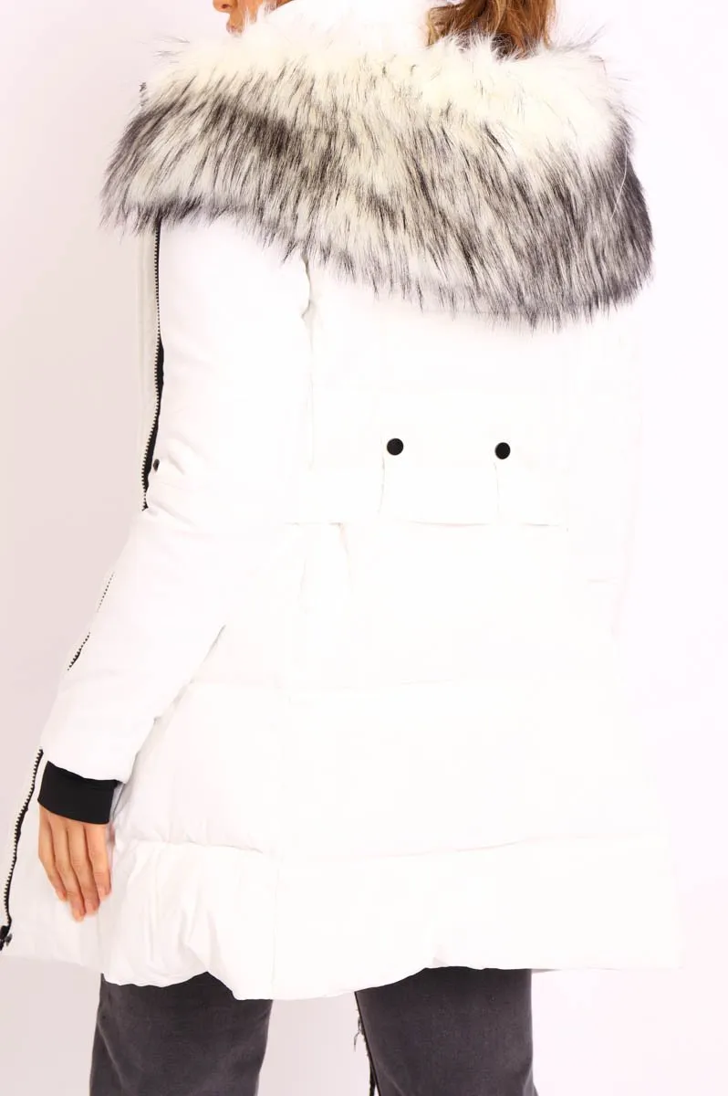 White Adjustable Waist Longline Puffer Coat - Zofia