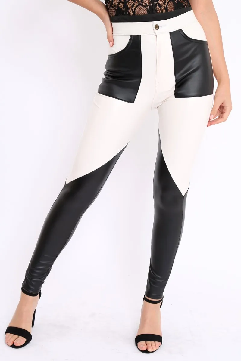 White and Black Contrast Faux Leather Trousers - Pax