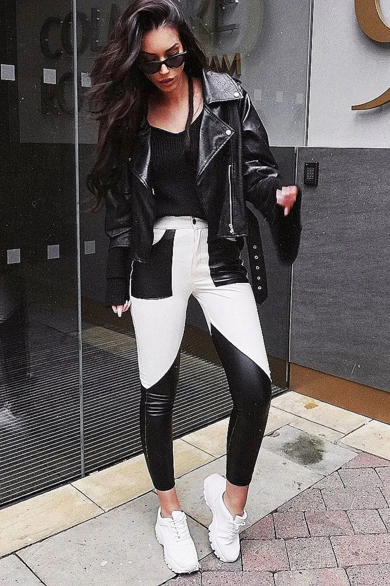 White and Black Contrast Faux Leather Trousers - Pax