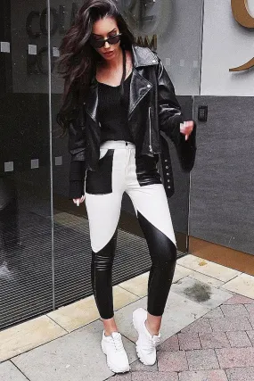 White and Black Contrast Faux Leather Trousers - Pax