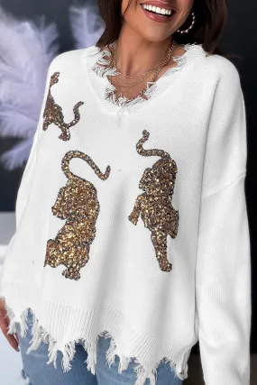 White Frayed Sequin Tiger Sweater