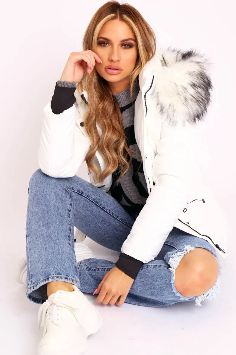 White Fur Trim Adjustable Waist Puffer Coat - Rossie