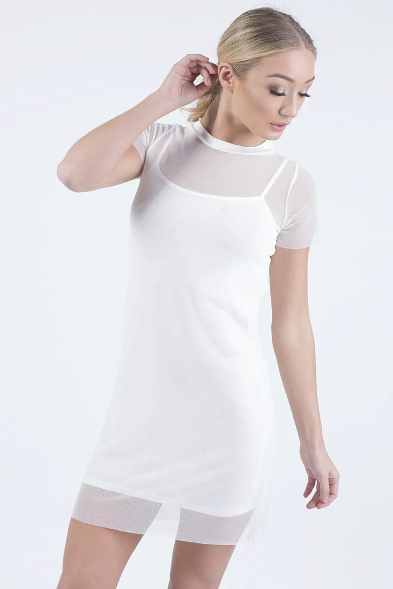 White Mesh Overlay T-Shirt Dress - Selena