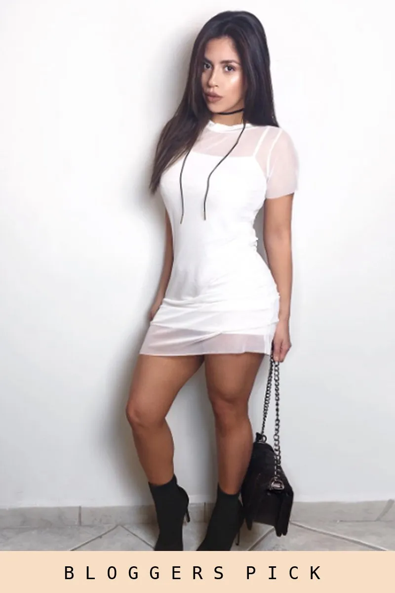 White Mesh Overlay T-Shirt Dress - Selena