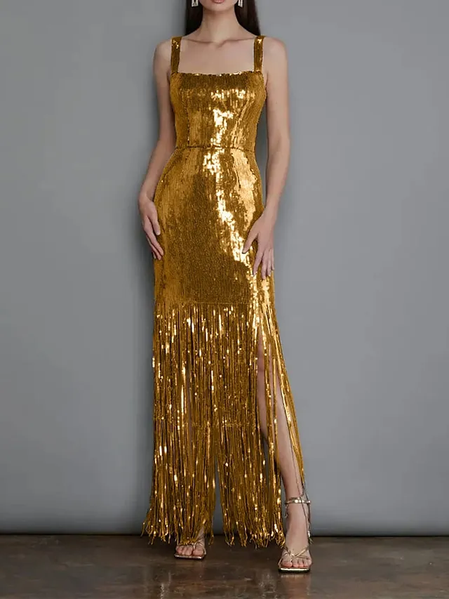 Women's Sequin Dress Fringe Dress Gold Dress Prom Dress Party Dress Sparkly Dress Long Dress Maxi Dress Sleeveless Spring Fall Winter Spaghetti Strap Fashion Birthday Evening