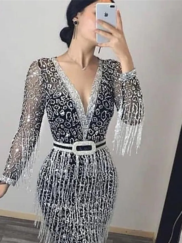 Women's Sequin Dress Fringe Dress Prom Dress Party Dress Sparkly Dress Black Dress Black Long Dress Maxi Dress Long Sleeve Fall Winter Autumn Deep V Fashion Guest Birthday