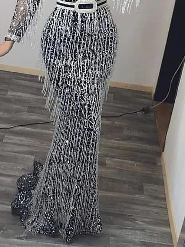 Women's Sequin Dress Fringe Dress Prom Dress Party Dress Sparkly Dress Black Dress Black Long Dress Maxi Dress Long Sleeve Fall Winter Autumn Deep V Fashion Guest Birthday