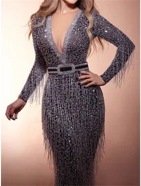 Women's Sequin Dress Fringe Dress Prom Dress Party Dress Sparkly Dress Black Dress Black Long Dress Maxi Dress Long Sleeve Fall Winter Autumn Deep V Fashion Guest Birthday